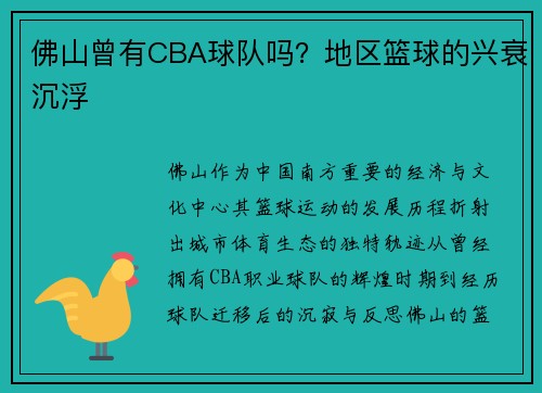 佛山曾有CBA球队吗？地区篮球的兴衰沉浮